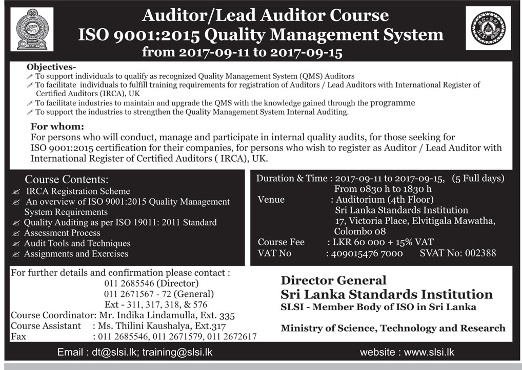 Auditor / Lead Auditor Course (IOS 9001: 2015 Quality Management System) - Sri Lanka Standards Institution